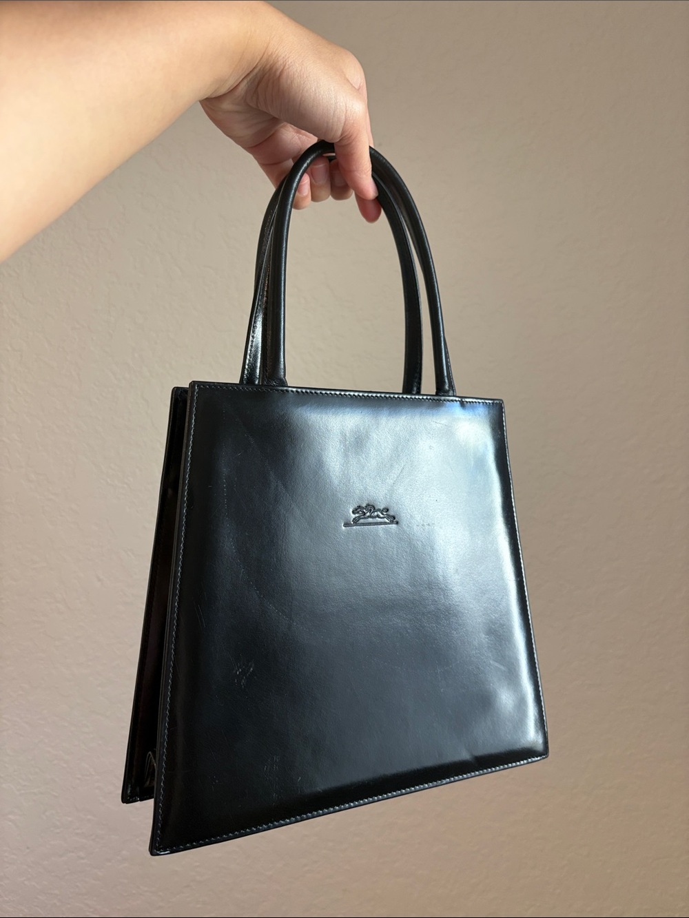 Longchamp Classic Black Patent Leather Tote Mini Handbag